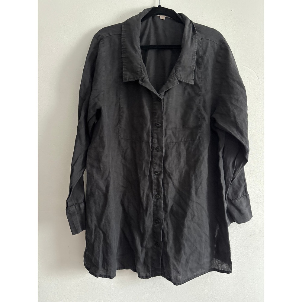 FLAX Women Black 100% Linen Long Sleeve Button Down Tunic Shirt Top LG Lagenlook